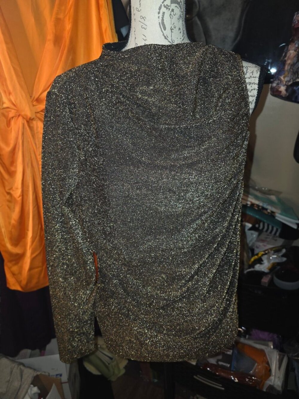 Terea By Andrea Pitter Metallic Gold Long-Sleeve Ruched Top XL 84% Polyester 9%